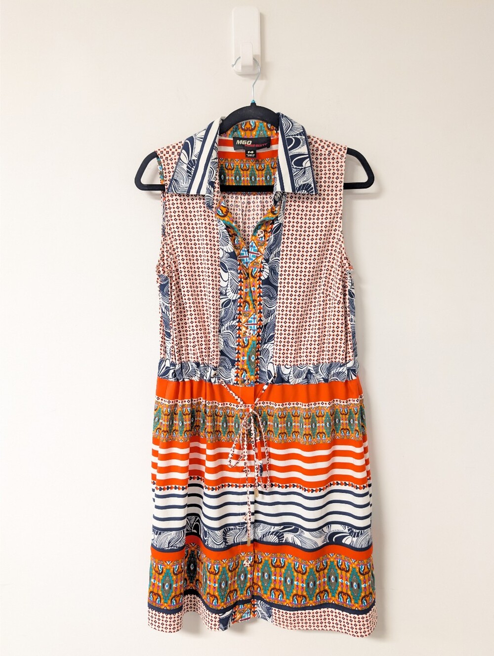 M60 Miss Sixty Sleeveless Mixed-Print Orange & Navy Shirt Dress